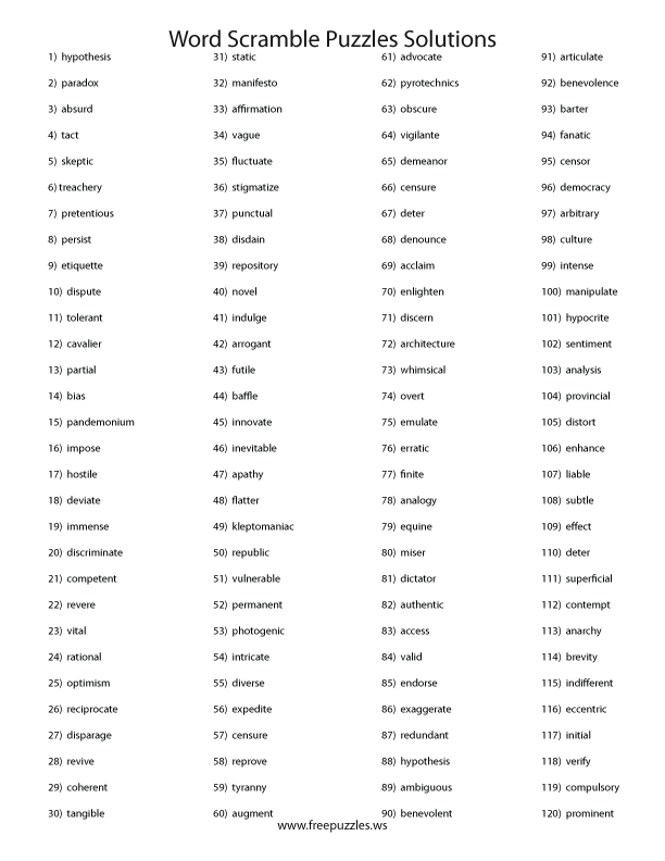 Preview of Word Scramble Solutions